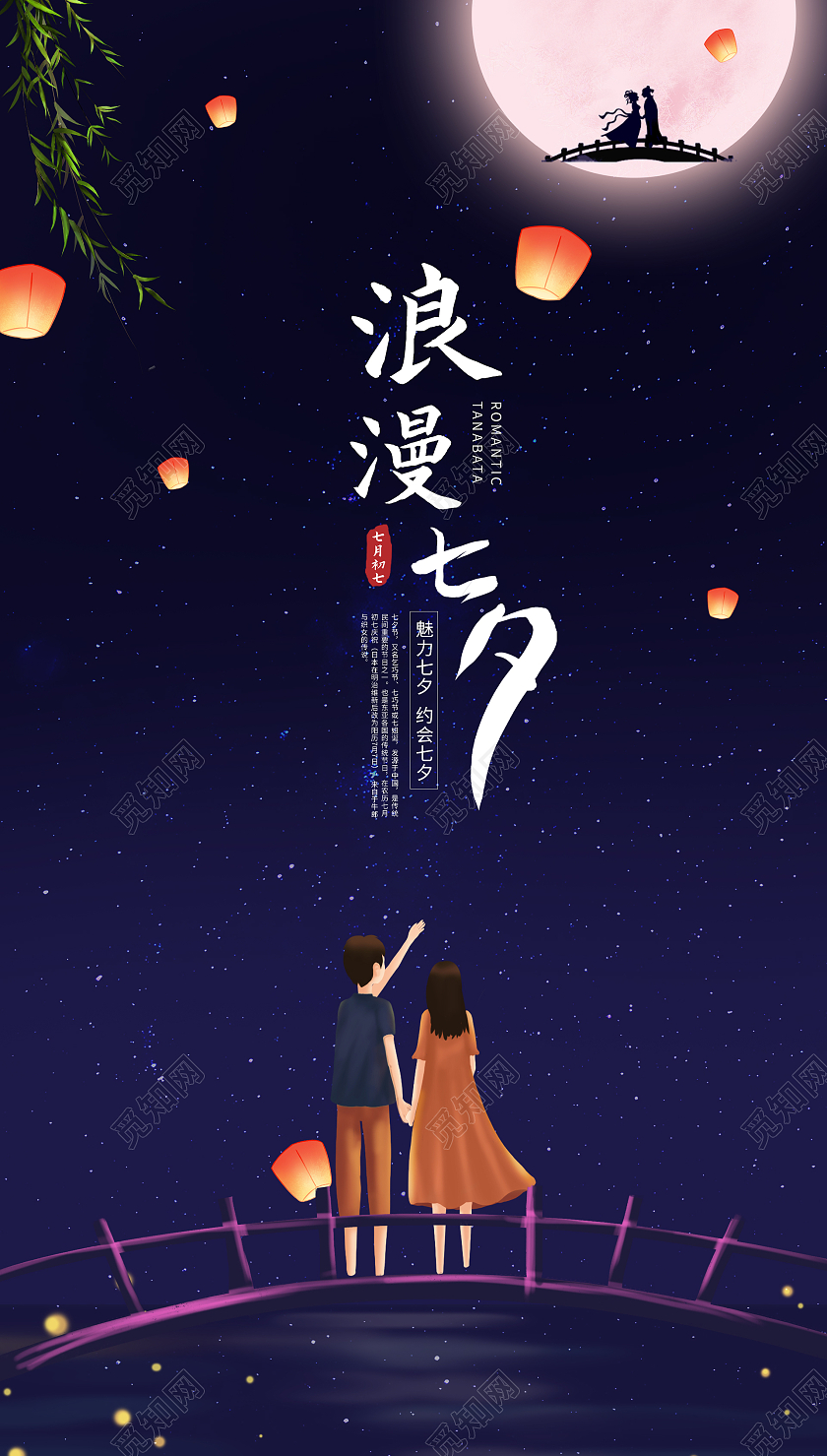 蓝色手绘浪漫情侣海报七夕海报ui手机海报七夕宣传手机海报