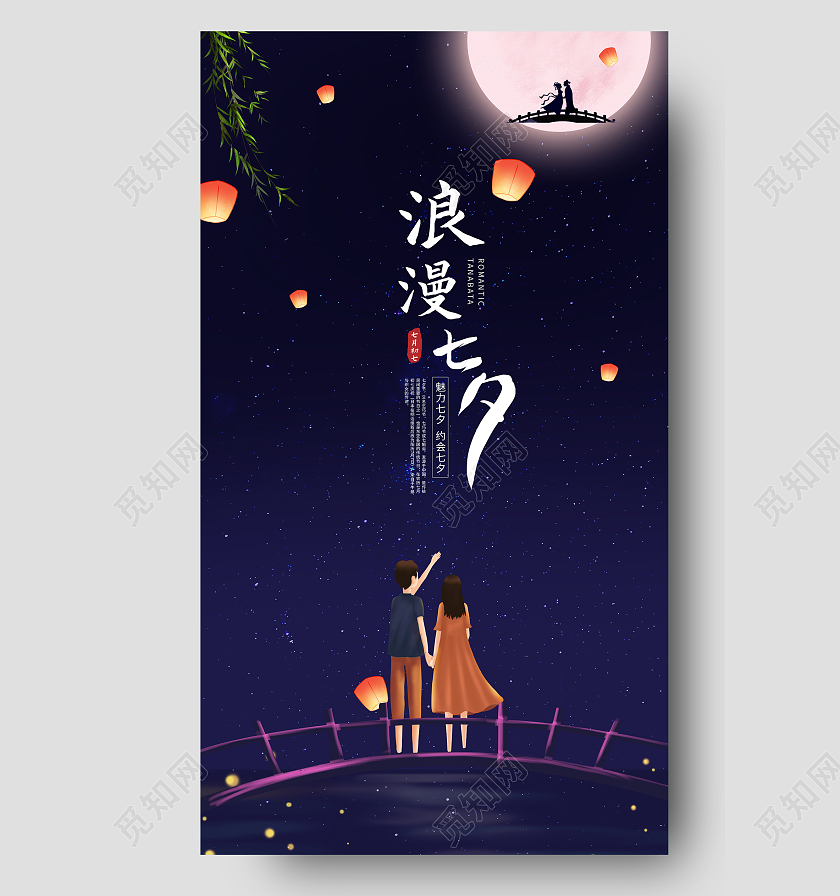 蓝色手绘浪漫情侣海报七夕海报ui手机海报七夕宣传手机海报