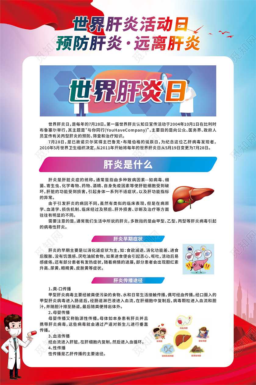 红色世界肝炎日预防肝炎远离肝炎展板