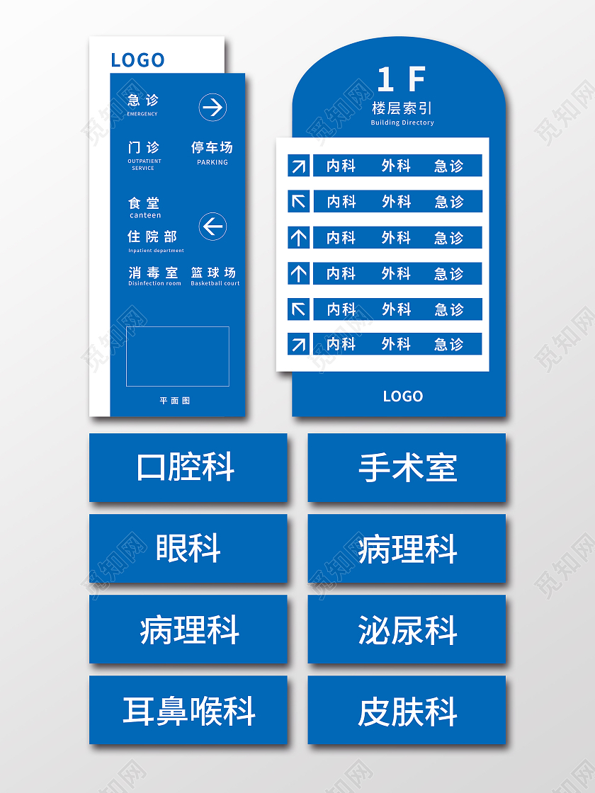 蓝色医院一楼导视牌指引科室口腔科海报