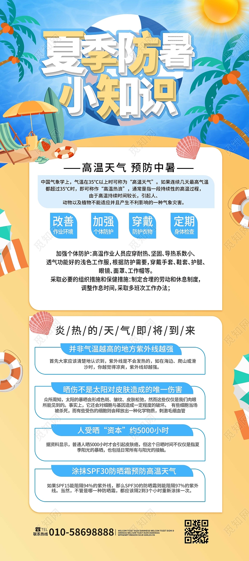 蓝黄色背景卡通风格夏季防暑小知识夏季防暑易拉宝设计