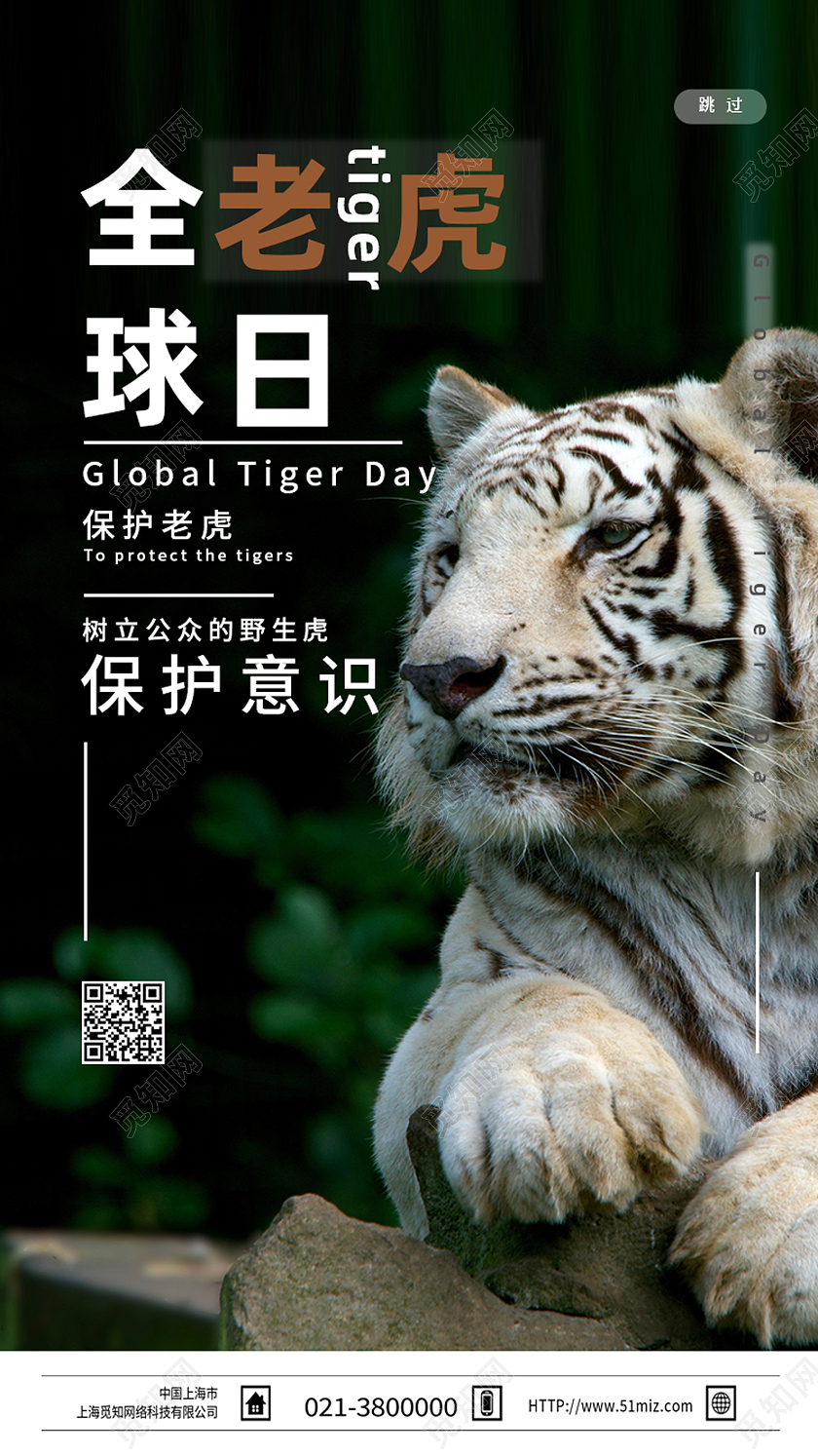 黑色简约全球老虎日世界爱虎日手机海报