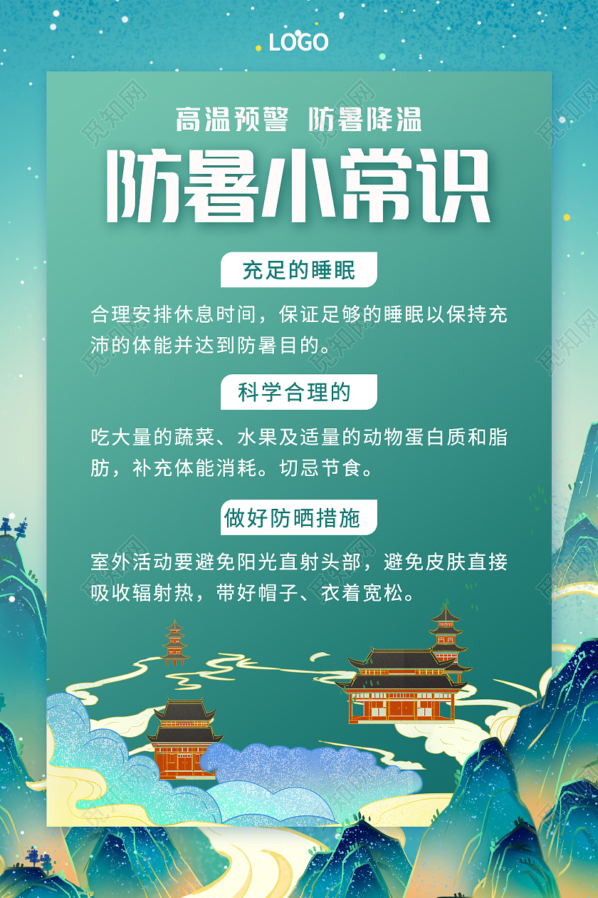 国潮风大气夏天高温防暑小知识海报