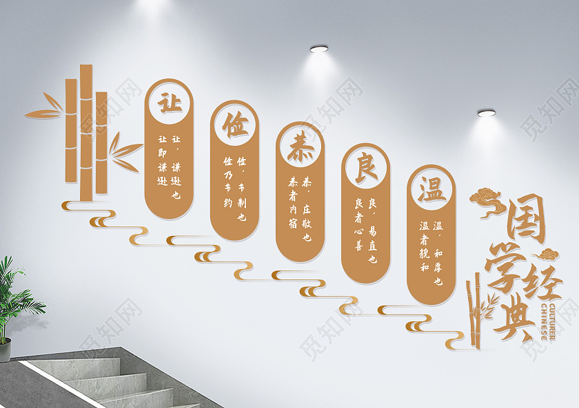 金色简约国学经典温良恭俭让楼梯文化墙国学文化墙