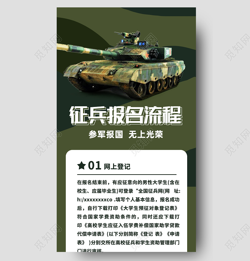 绿色简约征兵报名流程坦克征兵长图