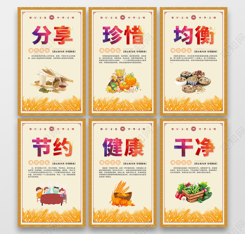 黄色背景分享珍惜均衡干净节约健康餐厅挂画海报餐厅食堂挂画套图