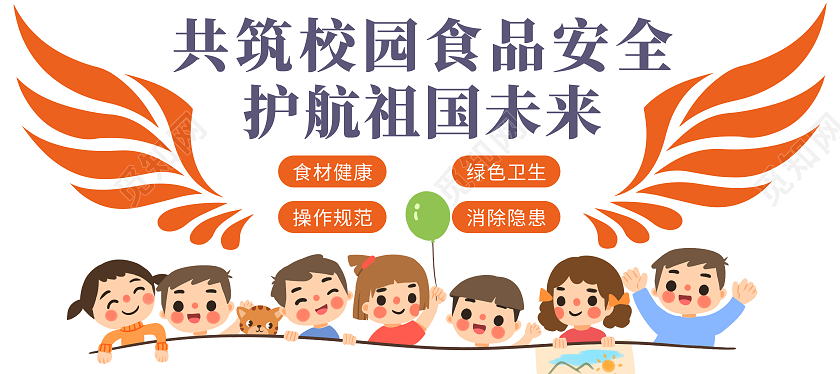 橙色卡通共筑校园食品安全护航祖国未来文化墙校园食品安全文化墙