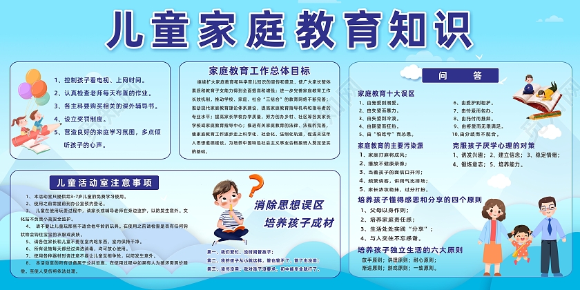 蓝色简约大气儿童教育知识宣传展板宣传栏家庭教育