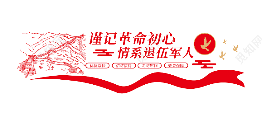 红色矢量谨记革命初心情系退伍军人宣传文化墙海报