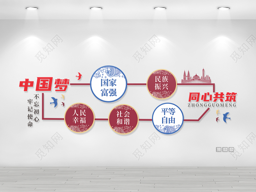 红色简约国风同心共筑中国梦民族振兴中国梦文化墙
