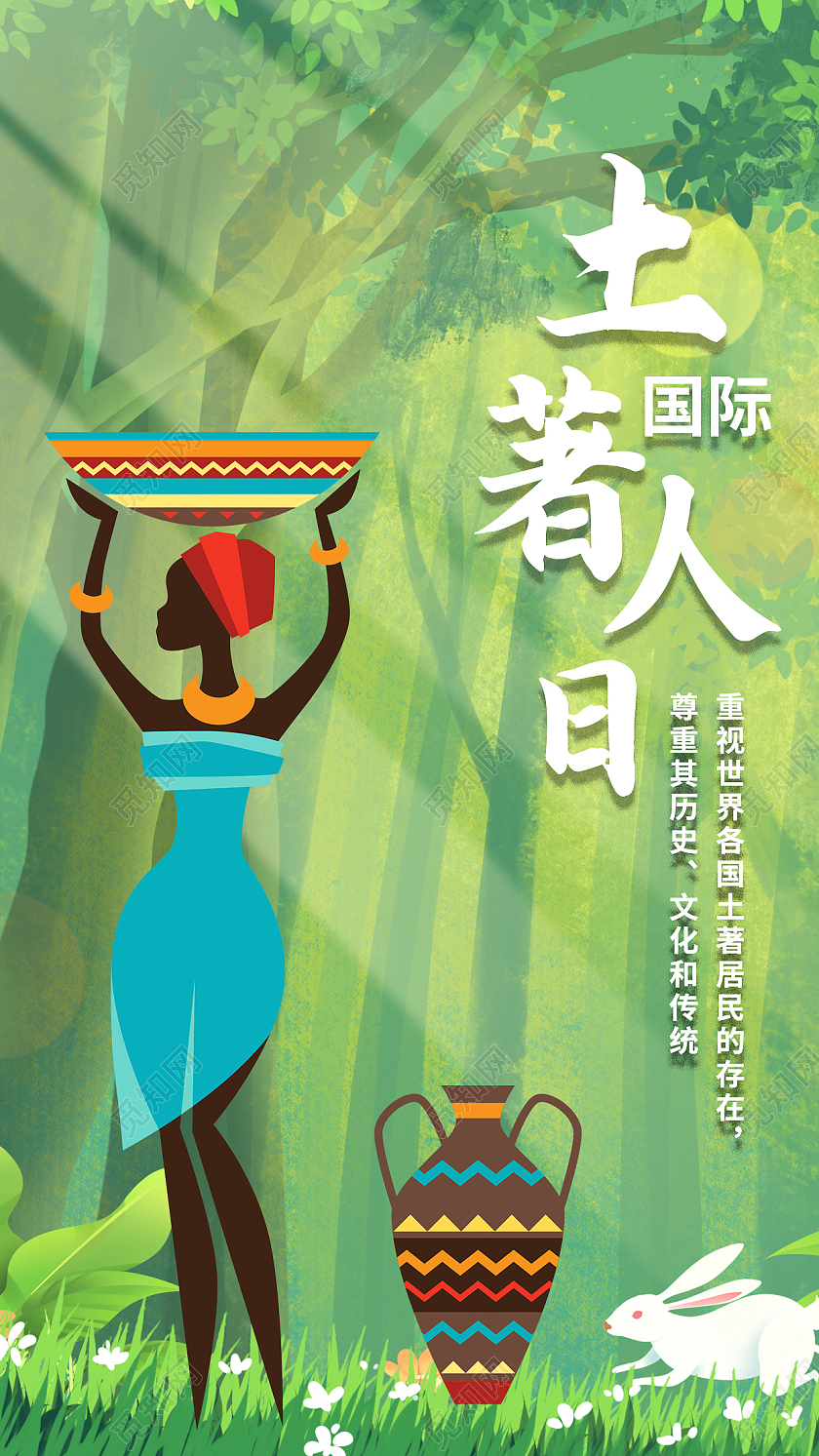 绿色卡通土著人国际土著人日手机海报