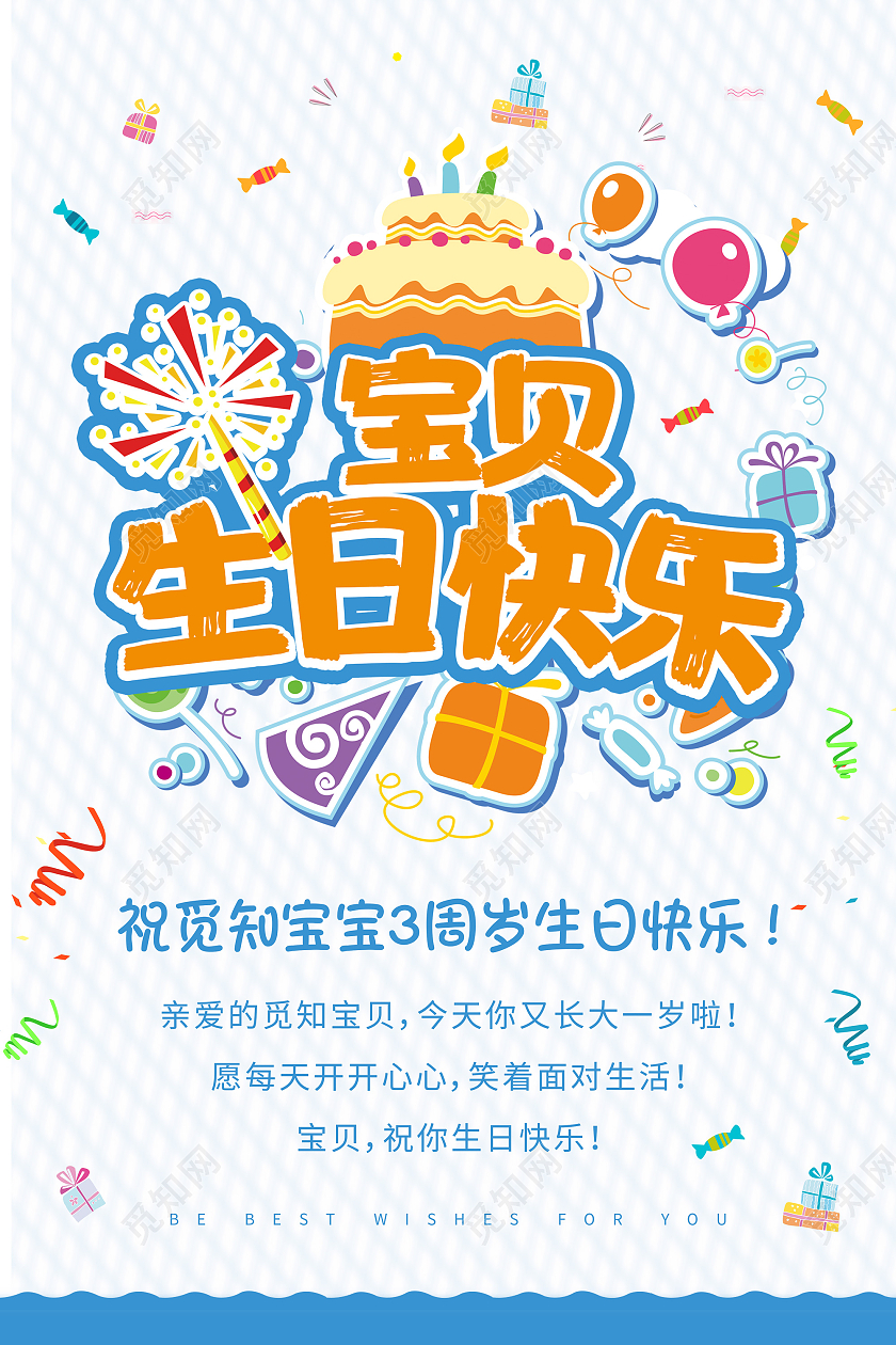 蓝色简约可爱卡通少儿生日快乐海报