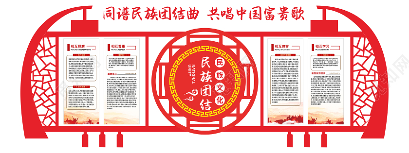 红色创意灯笼造型民族团结文化墙