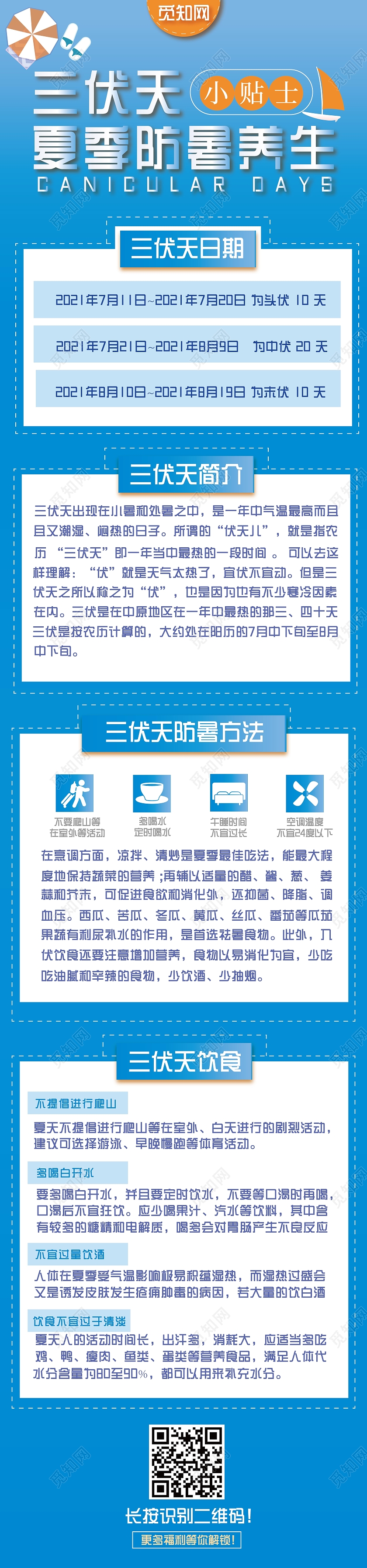 蓝色清爽风三伏天防暑养生UI长图三伏养生