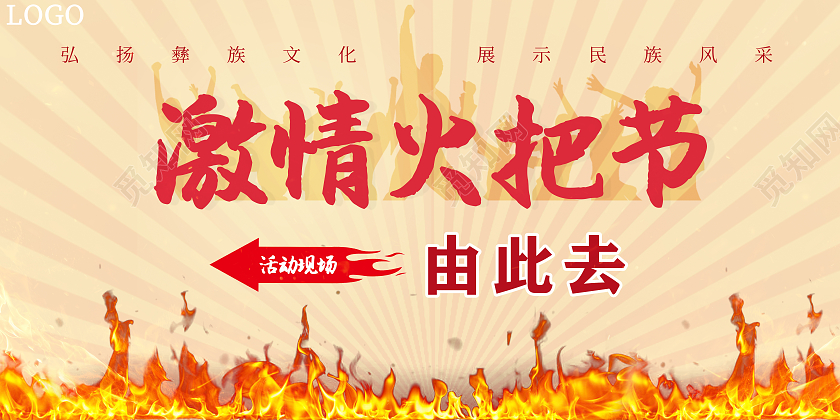 黄色简约彝族传统节日火把节展板