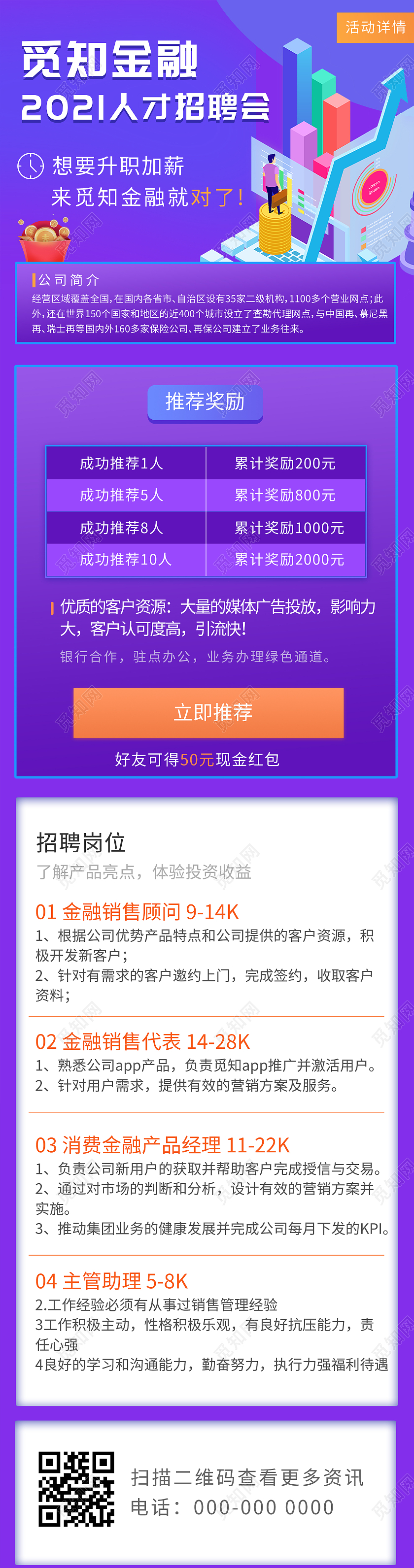 紫色简约金融人才招聘会UI手机长图招聘h5