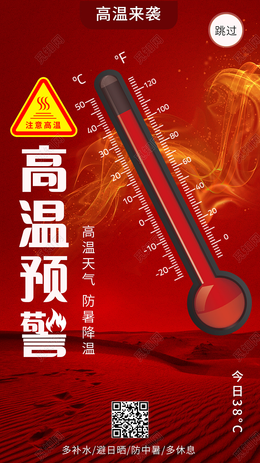 红色简约夏日高温预警防暑降温高温提醒手机海报