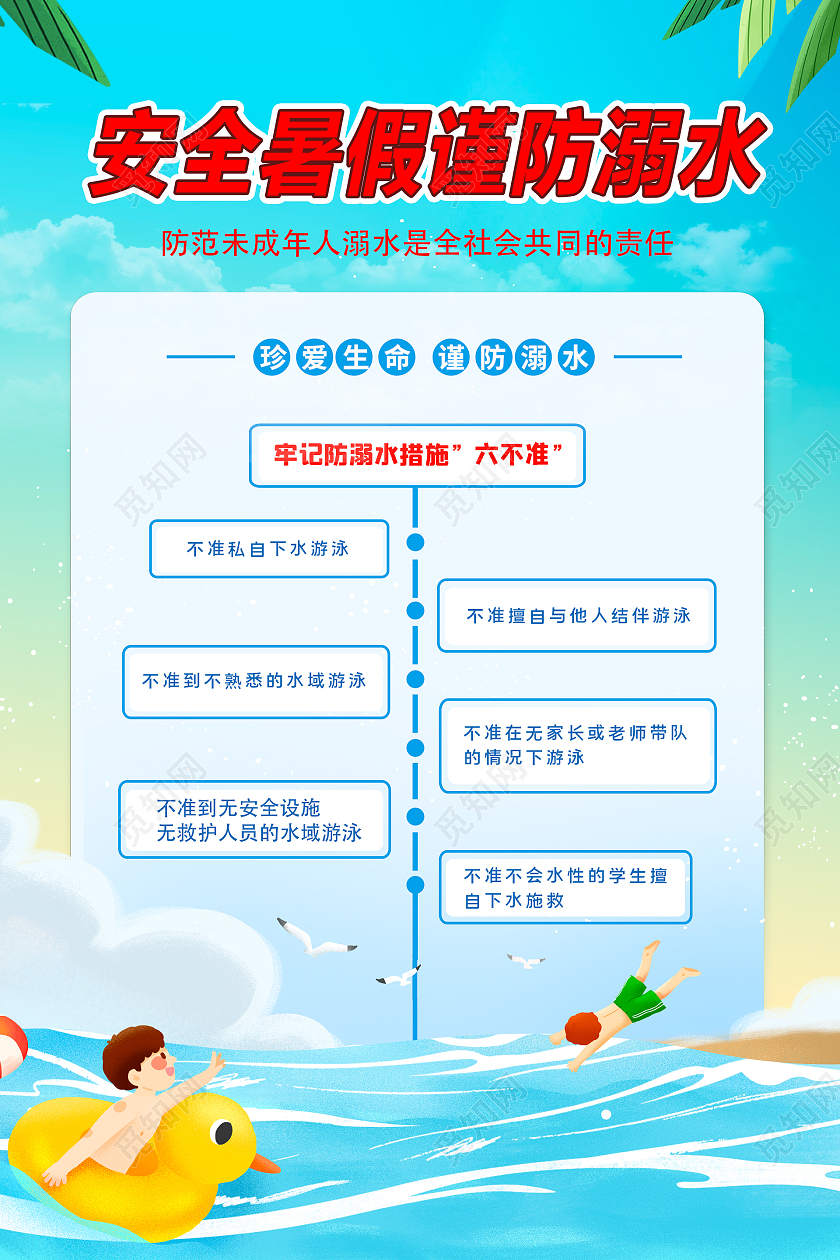 蓝色简约大气时尚插画防溺水活动海报防溺水六不准