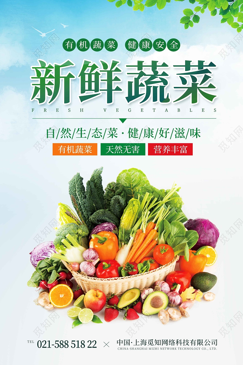 蓝天白云小清新简约新鲜蔬菜广告宣传海报蔬菜海报