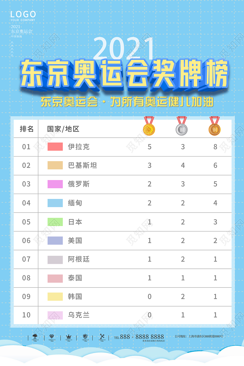 蓝色简约大气东京奥运会奖牌榜宣传海报东京奥运会奖牌模板