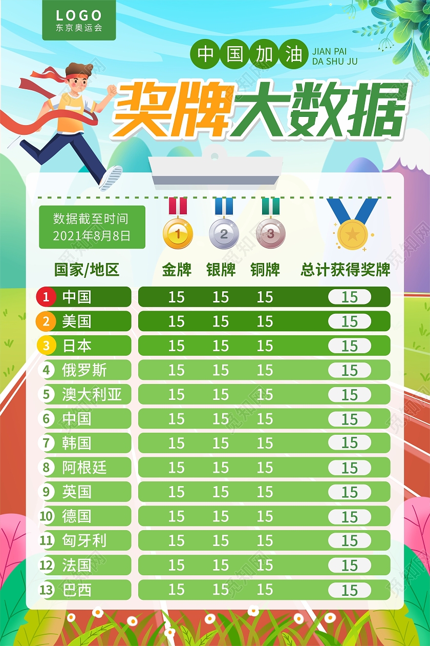 绿色运动跑步体育插画比赛加油数据榜东京奥运会奖牌模板