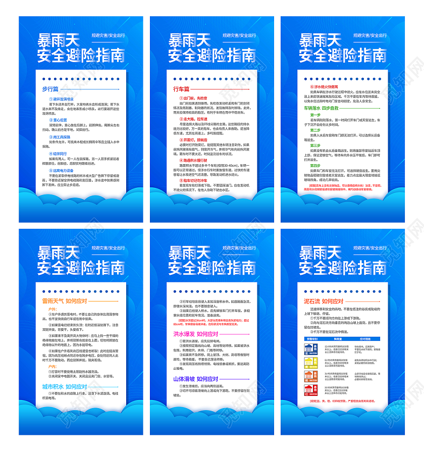 蓝色扁平简约暴雨天安全避险指南宣传套图海报设计郑州水灾