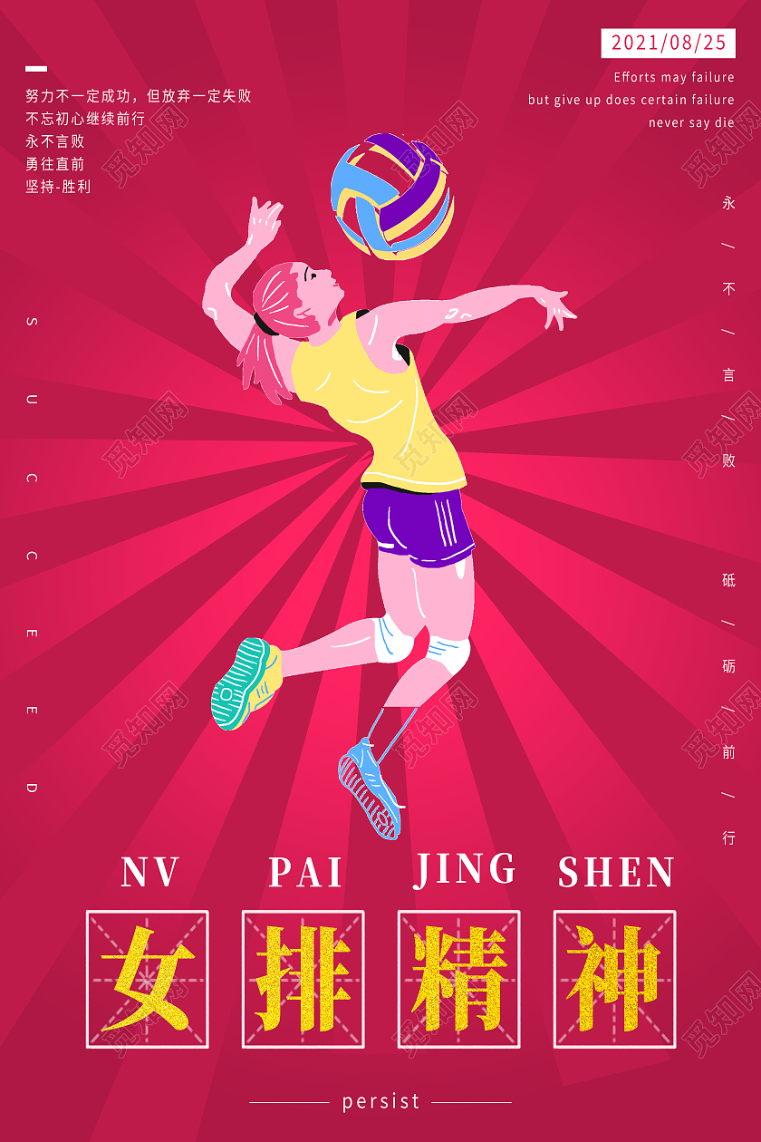 红色简约女排精神女排精神模板海报