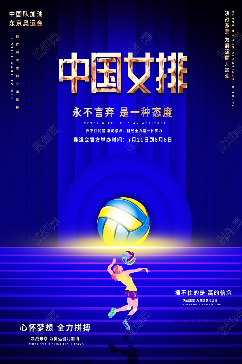 蓝色简约中国女排女排精神模板海报