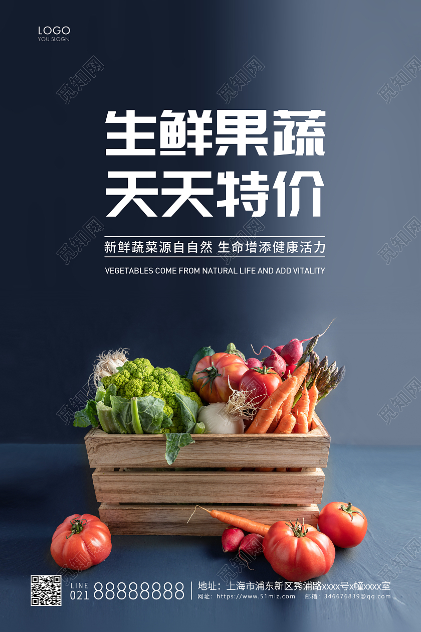 蓝色简约生鲜果蔬天天特价宣传海报蔬菜海报