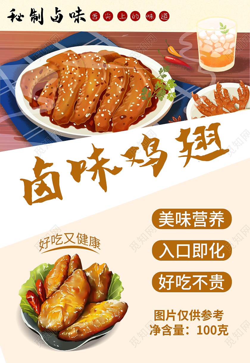 黄色简约清新自然卡通卤味鸡翅美食海报卤食美味