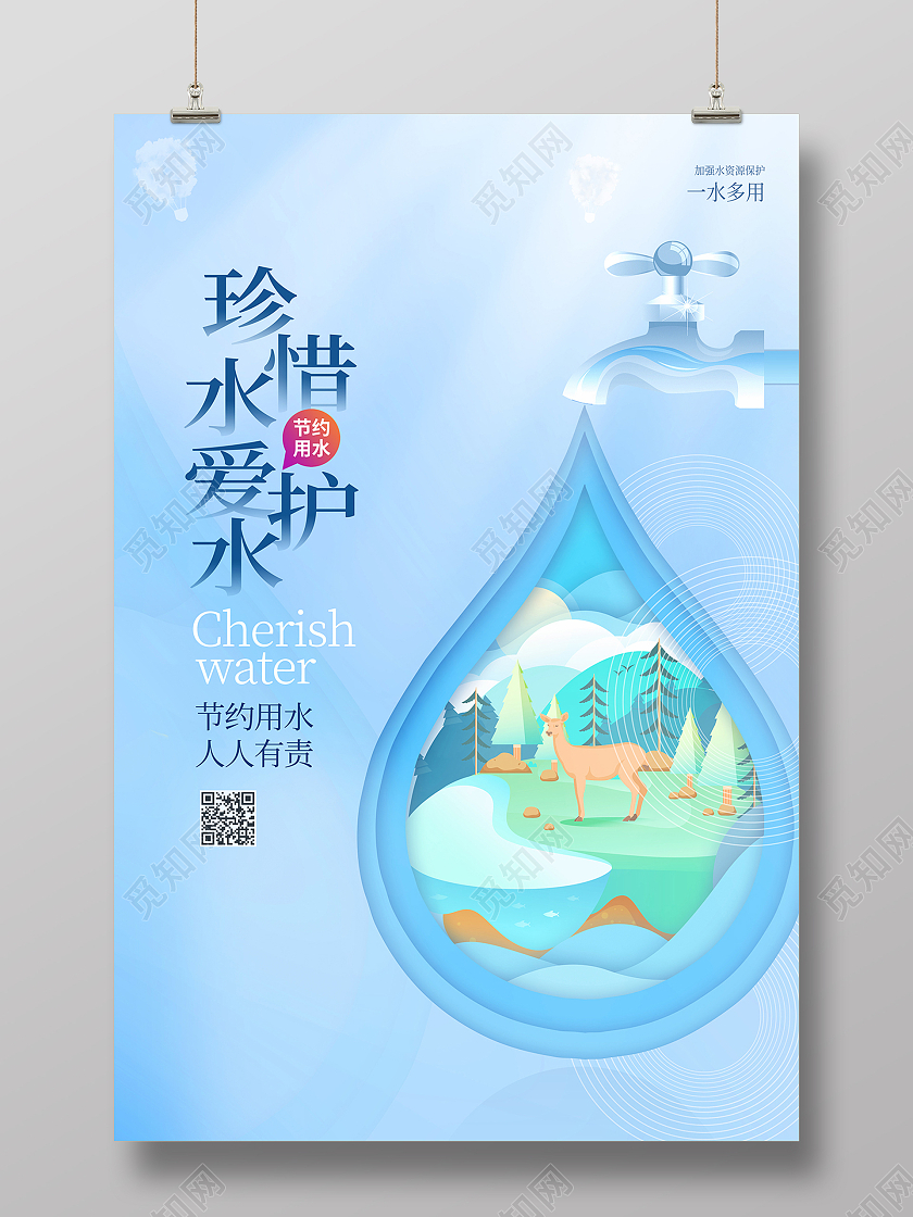 2021蓝色节约用水人人有责节约海报节约用水海报