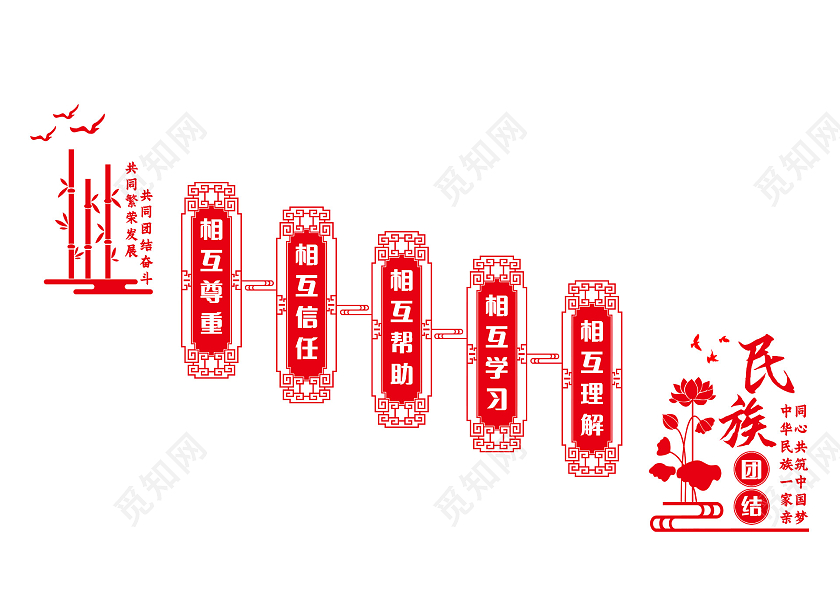 红色中式民族团结民族团结文化墙