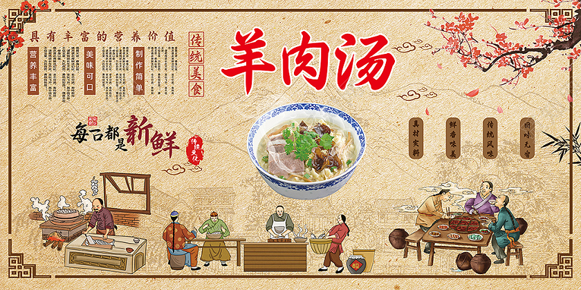 黄色简约古风创意传统美食羊汤展板