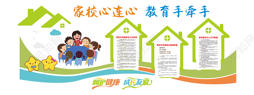 绿色田园风格家校携手校园文化墙家委会文化墙