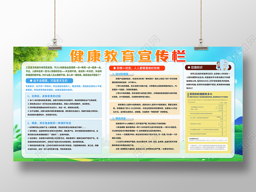 健康教育宣传栏控烟知识预防晒伤健康宣传栏