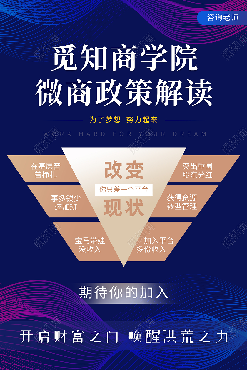 蓝色简约商学院微商政策解读微商海报海报