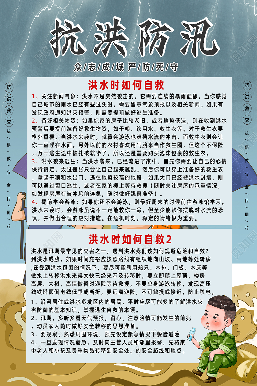 青蓝色简约卡通手绘洪水如何自救海报