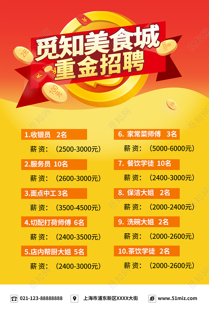 简约大气黄色系美食城重金招聘海报