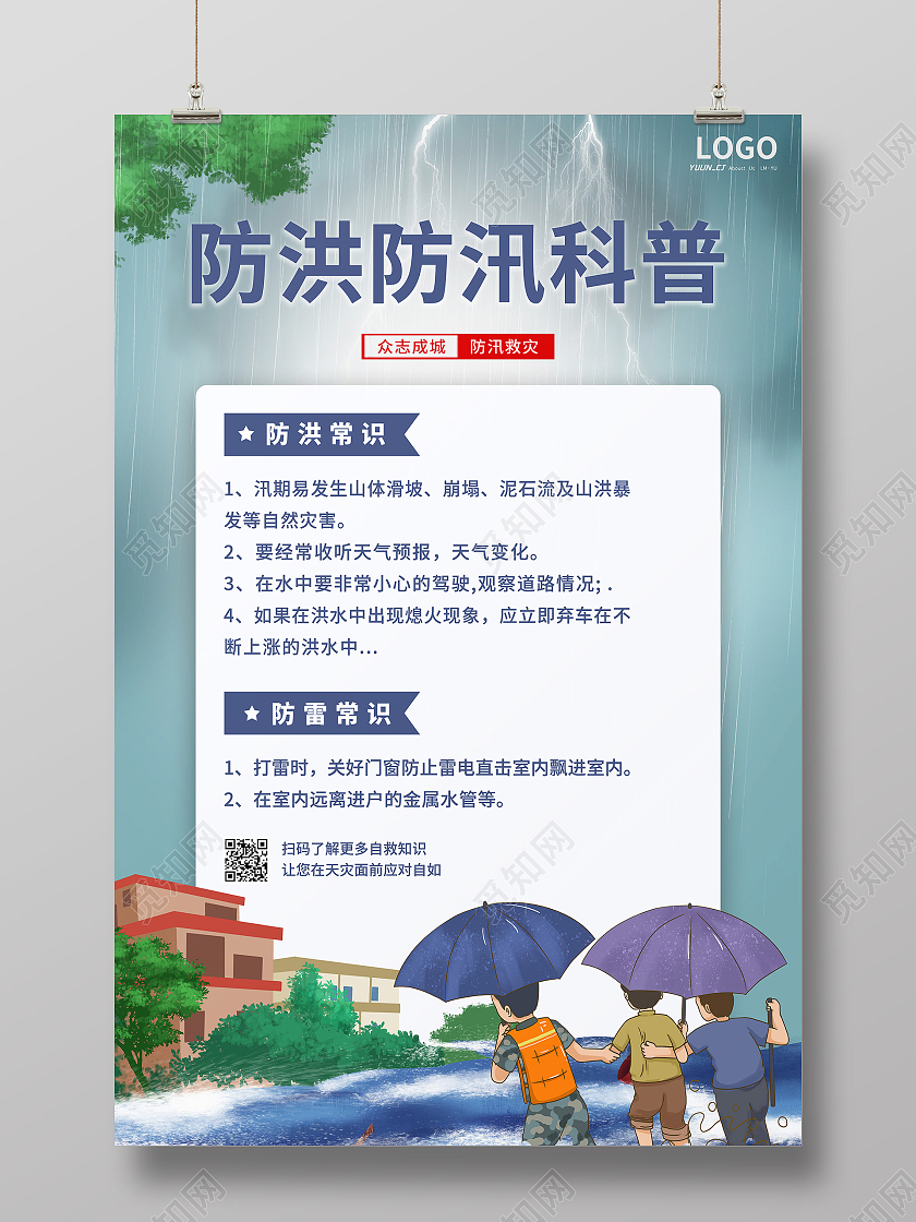 简约蓝色雷雨天气防洪防汛常识科普海报防汛海报