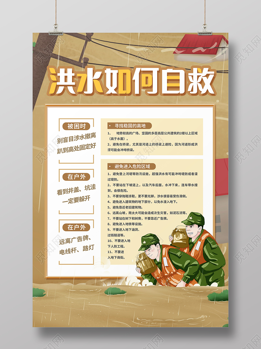 防汛自救小常识洪水暴发时如何防备与自救海报洪水如何自救海报