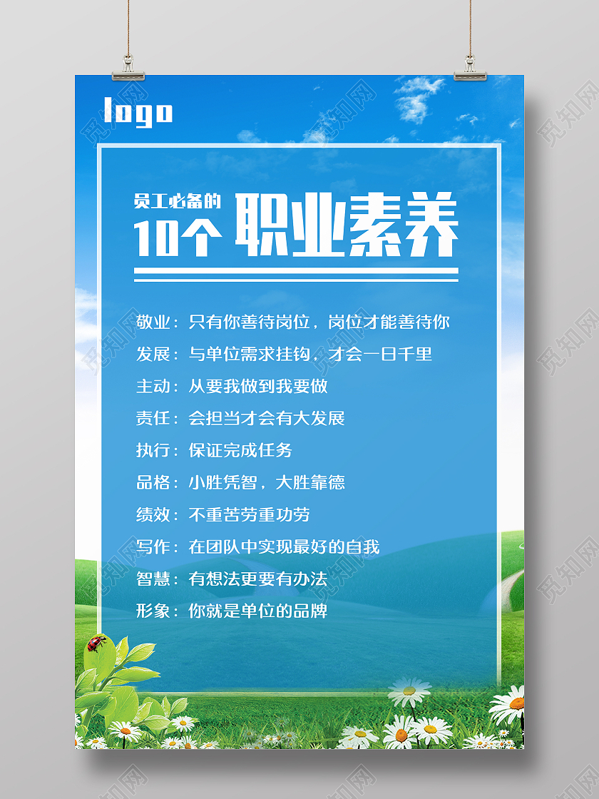 蓝色简约自然风员工必备的10个职业素养海报