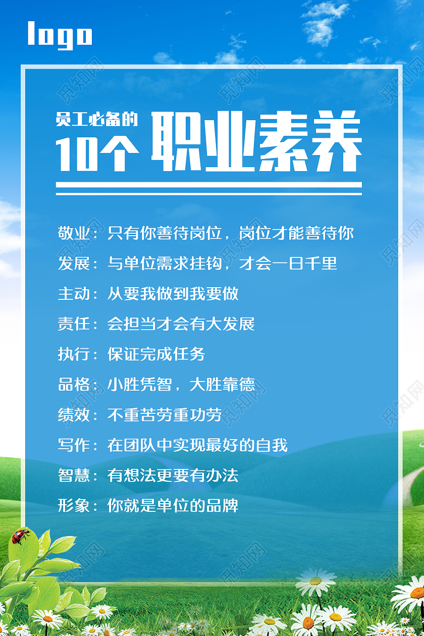 蓝色简约自然风员工必备的10个职业素养海报