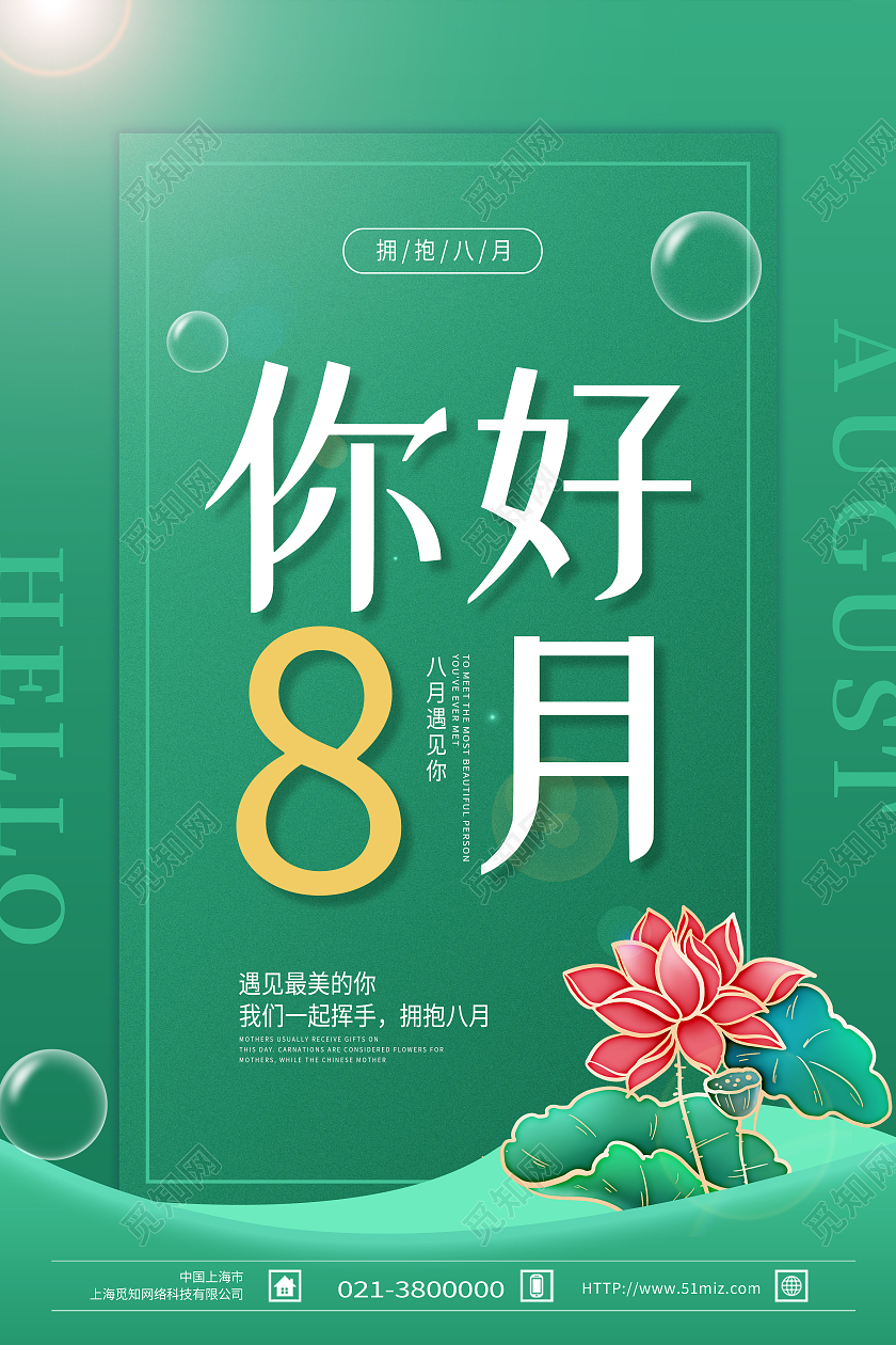 绿色简约荷花你好8月8月你好海报
