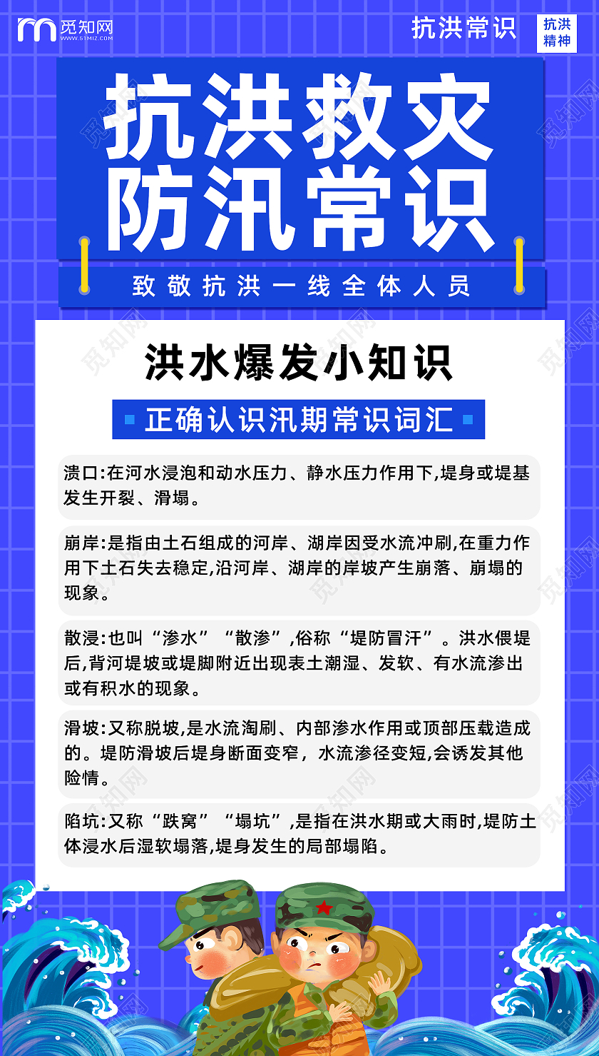蓝色简约线条卡通防洪防汛手机海报