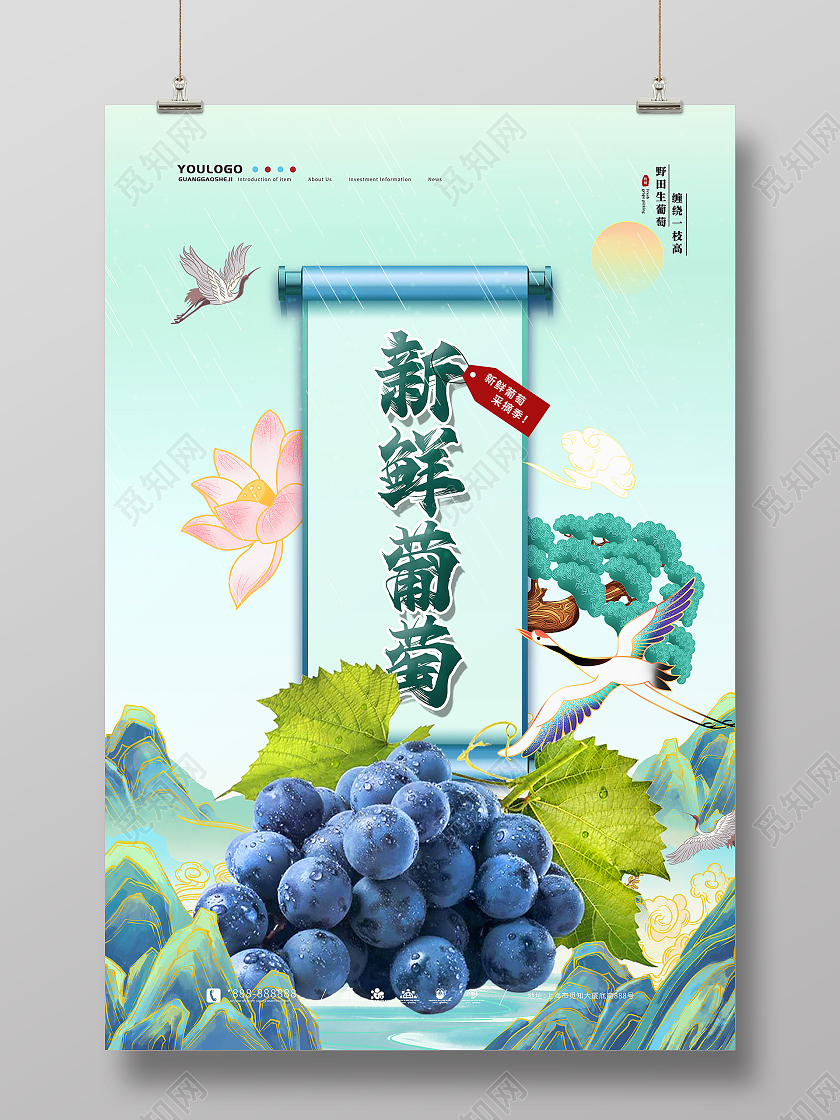 青色渐变中国风国潮新鲜葡萄采摘海报水果