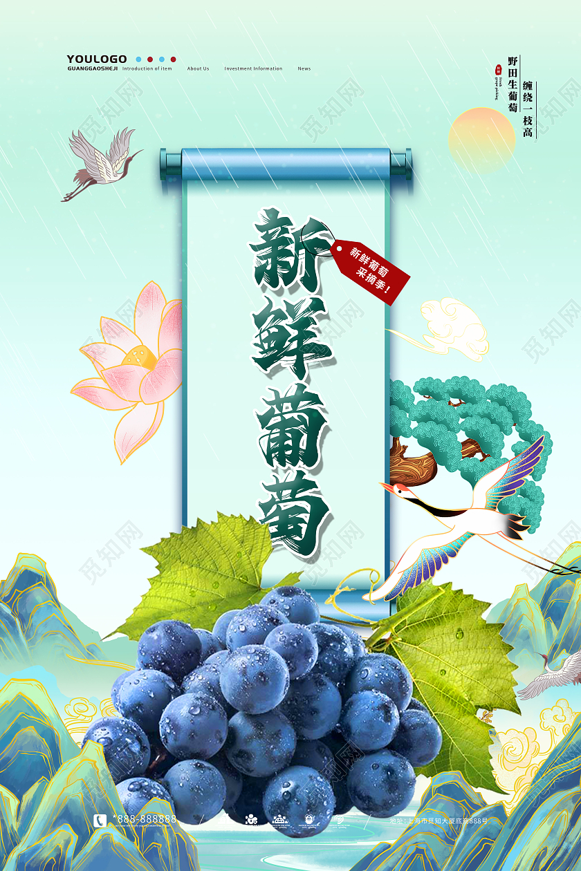 青色渐变中国风国潮新鲜葡萄采摘海报水果