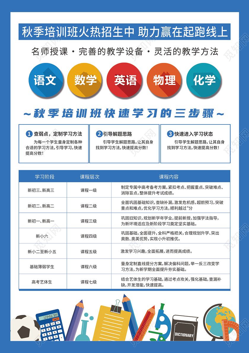 蓝色背景卡通小清新秋季招生宣传单秋季班招生啦单页