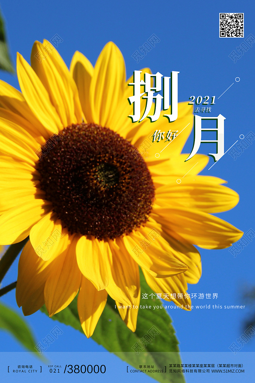 绿色向日葵简约小清新8月你好八月你好海报宣传8月你好海报
