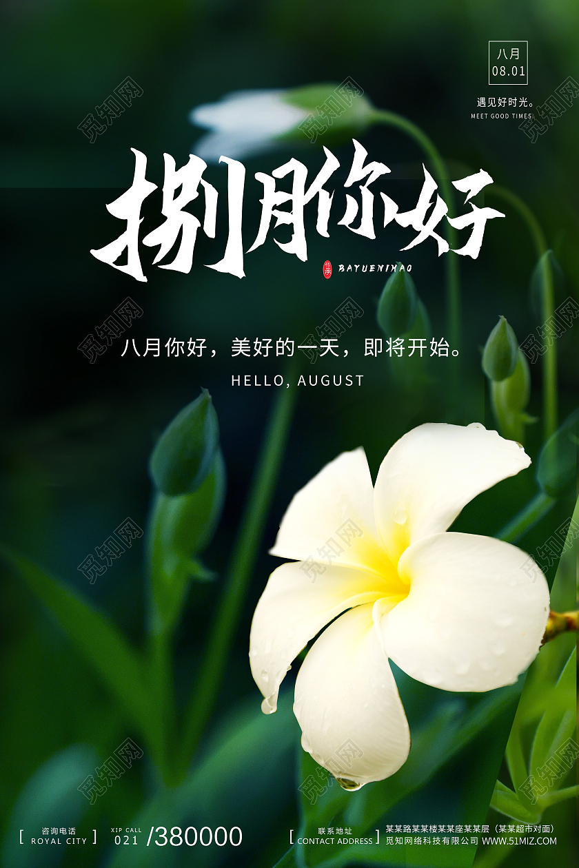 绿色花简约小清新8月你好八月你好海报宣传8月你好海报