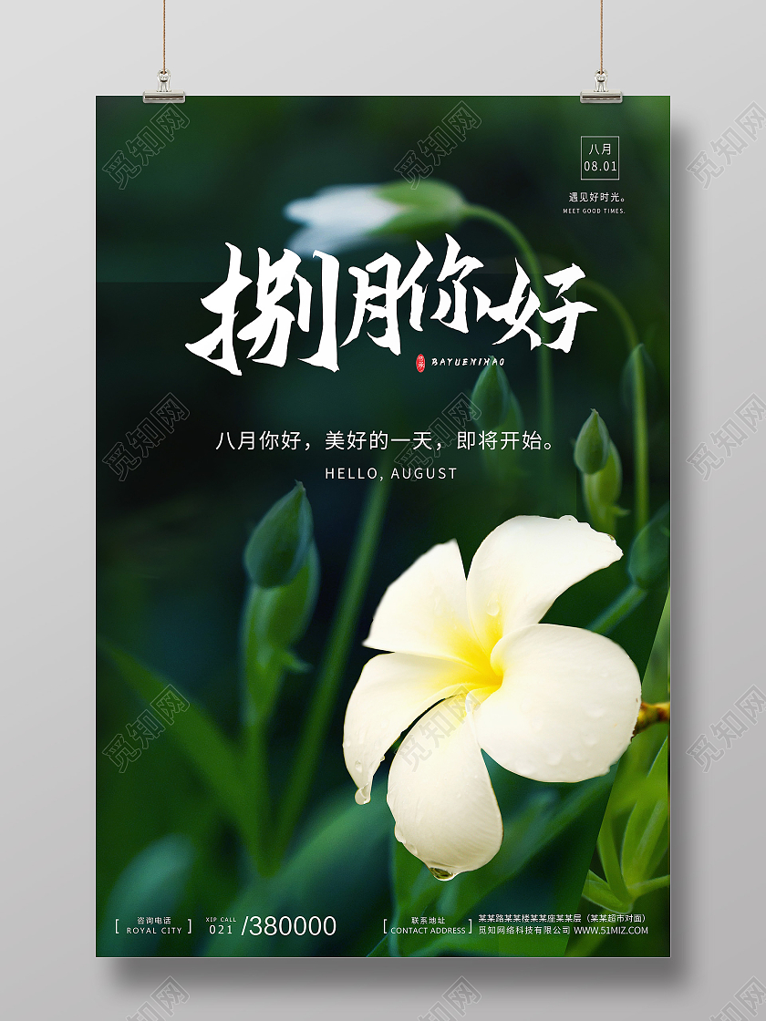 绿色花简约小清新8月你好八月你好海报宣传8月你好海报